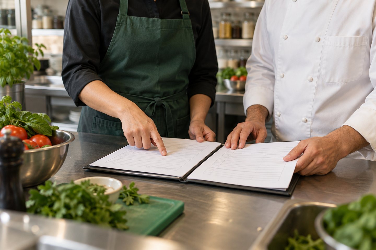 AI illustration of two restaurant staff members reviewing documents at a kitchen preparation counter.