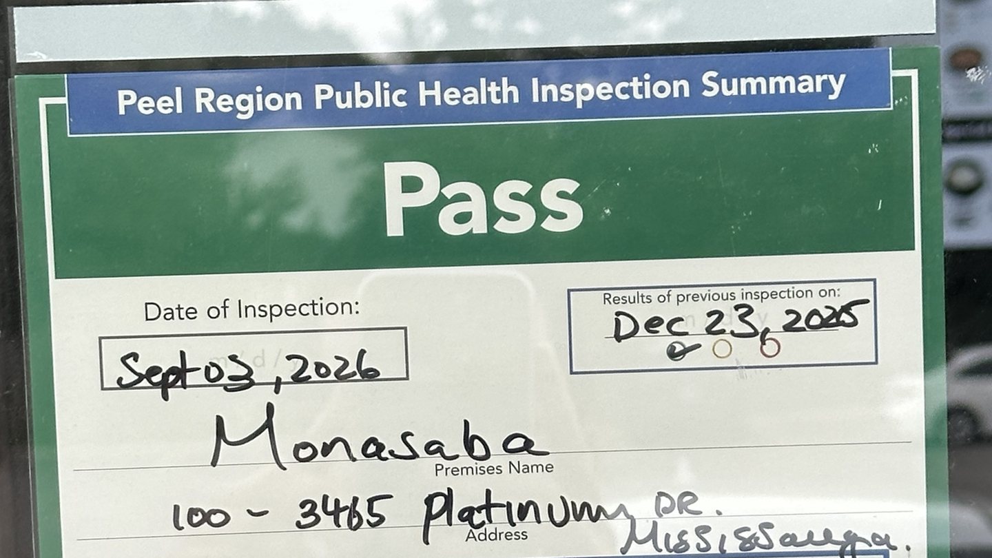 Green Peel Region Public Health Inspection Summary notice reading Pass, with an inspection date of Sept 03, 2026, the premises name Monasaba and the address 100 - 3465 Platinum Dr, Mississauga