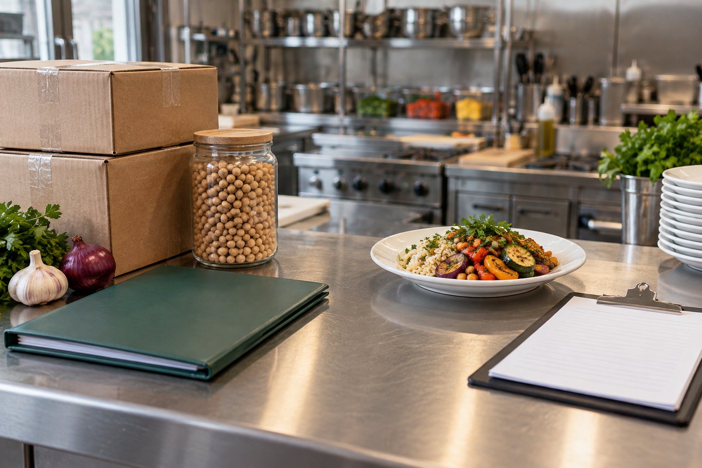 AI illustration comparing ingredient cartons and a supplier folder with a prepared meal and separate restaurant paperwork.