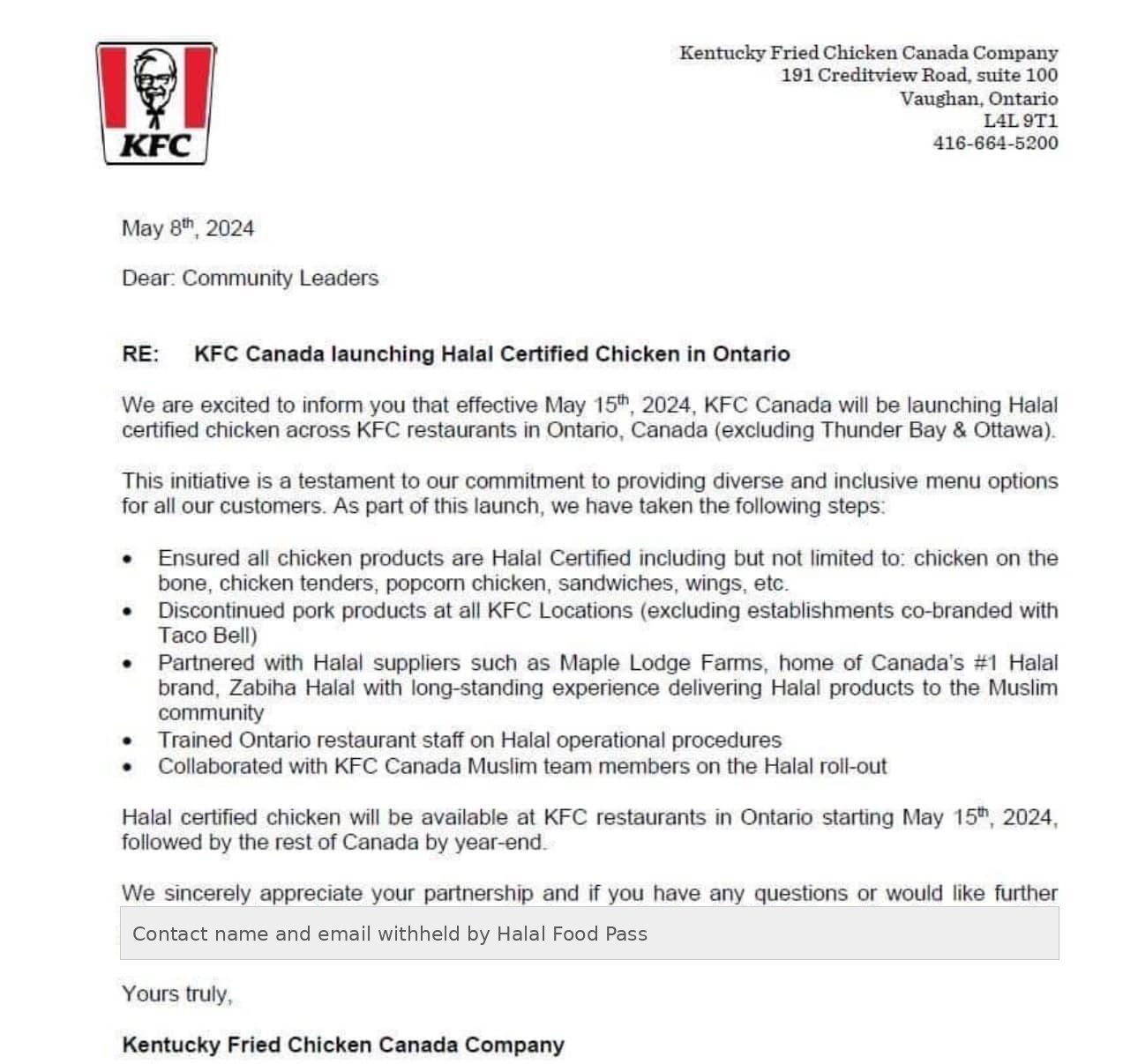 KFC Canada letter dated May 8, 2024, on Kentucky Fried Chicken Canada Company letterhead, headed KFC Canada launching Halal Certified Chicken in Ontario