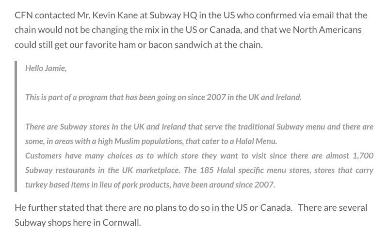 Cornwall Free News article of 30 April 2014 quoting Subway HQ spokesman Kevin Kane on the UK and Ireland halal programme and reporting no plans for the US or Canada