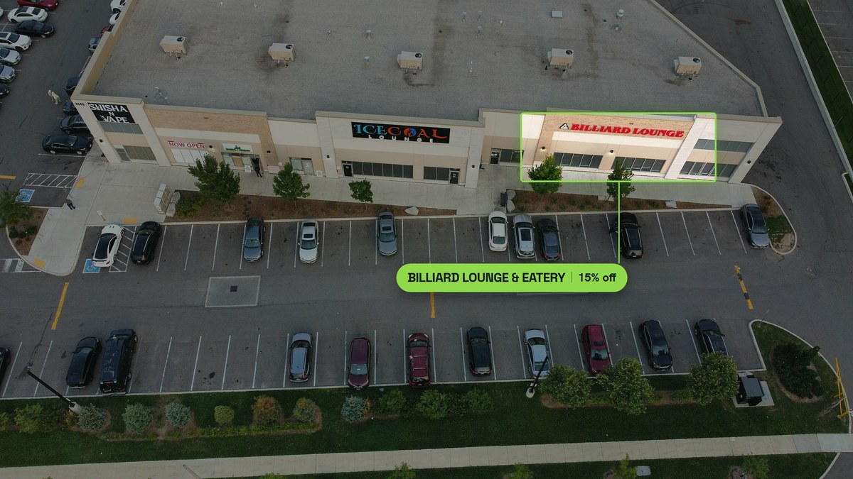 Aerial photograph of Billiard Lounge and Eatery at Ridgeway Plaza, storefront outlined, next to Ice Coal Lounge in unit 3545