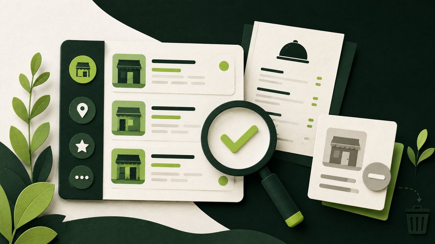 Editorial illustration of restaurant directory cards, a menu and a magnifying glass representing listing review and corrections.